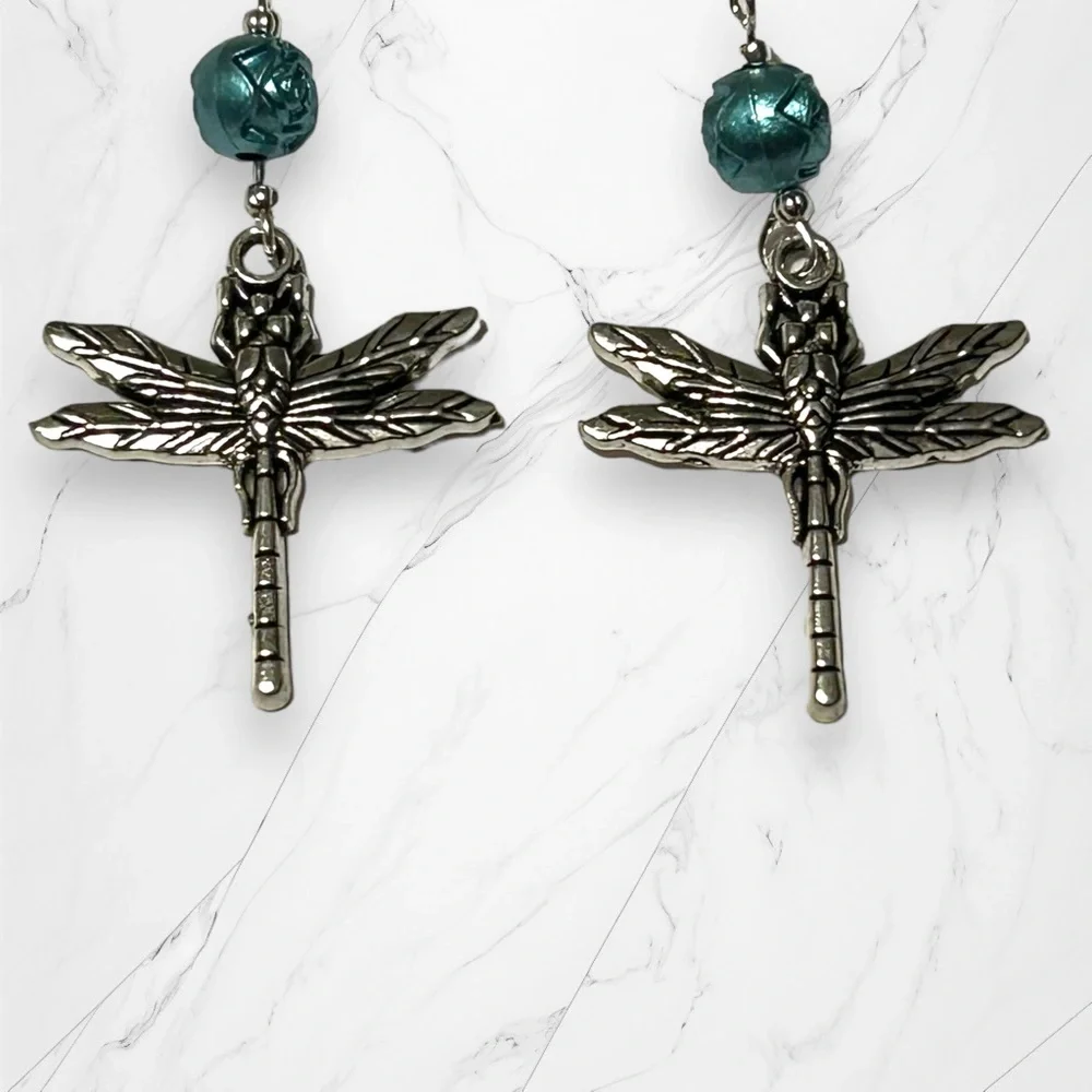 Hand Crafted Earrings Dragonfly Rose Dangle Silver Blue Pierced Long - Picture 5 of 7